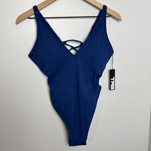 TA3 Hi Cut Plungey One Piece Swimsuit Sz Large Short Navy Blue Lace Up NEW